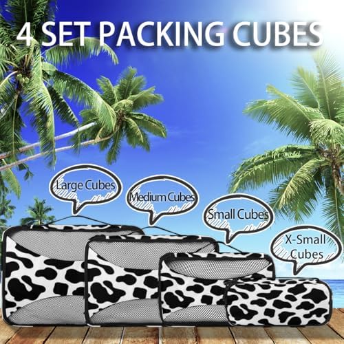 Cow Print 4 Set Packing Cubes Luggage Organizer Bags for Travel Accessories and Essentials, Black Cow Print