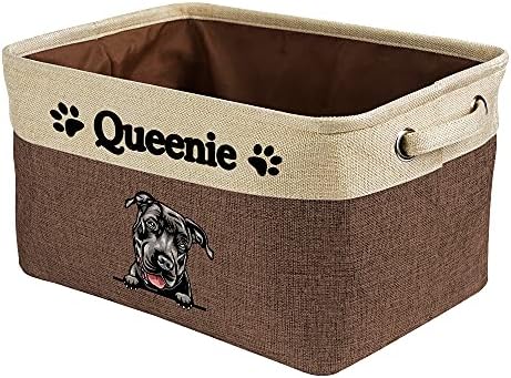 Custom Fabric Dog Toy Storage Basket with Lovely Dog Pit Bull Collapsible Sturdy Fabric Pet Toys Storage Bin Cube with Handles for Organizing, Brown and White