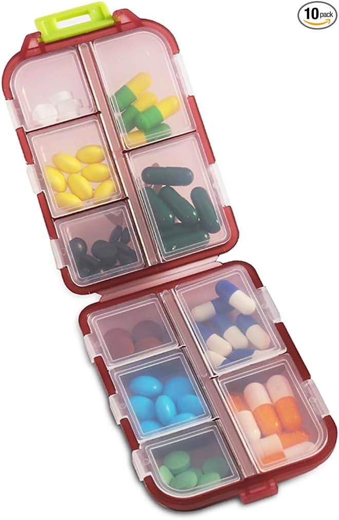 10 Compartment Pill Organizer Case, Travel Daily Medicine Pill Box | Small Size Weekly Viatamin Dispenser Reminder, Container for Medication, Supplement, Cod Liver Oil, Capsules, Calcium Tablet