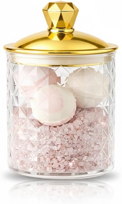 Clear Acrylic Diamond-Cut Storage Jar with Gold Lid – Airtight Decorative Container for Bathroom, Kitchen & Home Organization – Elegant Jar for Cotton Pads, Bath Salts & Snacks