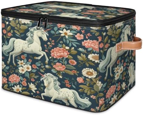 Floral Horse Storage Box with Zipper Lid | Collapsible, Fabric, Storage Bin, Handle, Large, Closet Organizer, Containers, Bedroom, Home, Horse