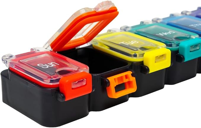 Ezy Dose Weekly (7-Day) Pill Organizer, Medicine Planner, Rainbow/Black | Daily Vitamin & Supplement Case, Waterproof Locking Compartments to Secure Prescription Medication, Travel-Friendly, BPA-Free