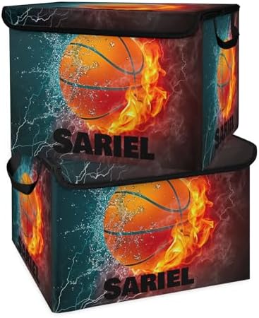 Basketball Storage Bin with Lid Personalized Storage Baskets for Organizing Foldable Closet Organizers with Handles,Cute Basket for Boys Girls for Clothes Blanket Pet Dog Toy Basket Storage (2 Pack)