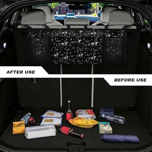 Horse Riding Car Trunk Organizer Foldable Auto Backseat Storage Bag with 4 Pockets Universal Hanging Auto Accessories Suitable Most Sedans SUVs Trucks Vans