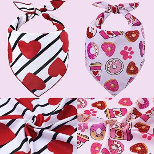 Valentine's Day Dog Bandanas - 2 Pack, Heart, Donut, Paw Printed Pet Scarves, Dog Valentines Bandanas for Small, Medium, Large Dogs, Puppy Outfit, Pink, White