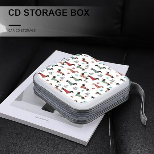 40-Disc CD/DVD Organizer Wallet Cute Dachshund, Heavy-Duty Hard Plastic Binder, Portable Storage Case with Carry Strap for Car