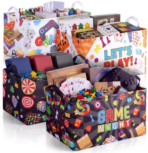 Breling 4 Pcs Game Night Gift Basket Game Night Party Decorations Games on Baskets with Handles Storage Bin Organizer Box for Christmas Family Games Party Supplies Family Gatherings Gifts