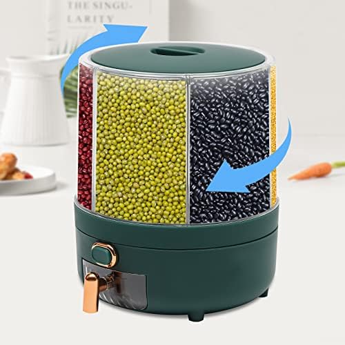 360° Rotating 6 Grid Rice & Cereal Dispenser, Dry Grain Storage Organizer | Rice Storage Container with Independent Drawer and Lid, Dry Food Dispenser for Store Rice&Various Beans, 14.33lbs Capacity