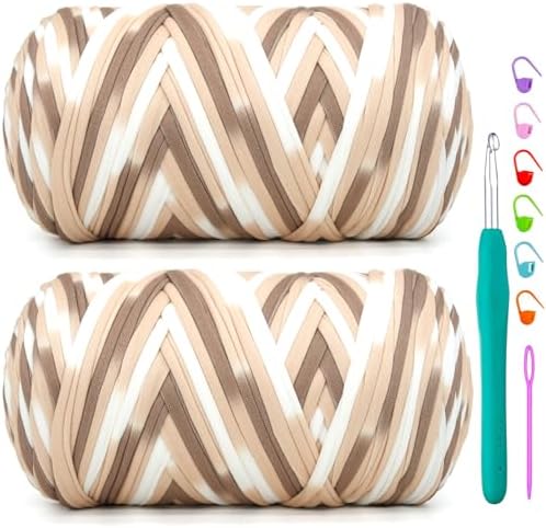 2 Pack Tshirt Yarn for Crochet,Rainbow T Shirt Soft Elastic Fabric Chunky Thick T-Shirt Crochet Yarn for Crocheting Knitting Beginner Hand Knitting Bag/DIY Craft/Home Decor 2 * 400G-Coffee White