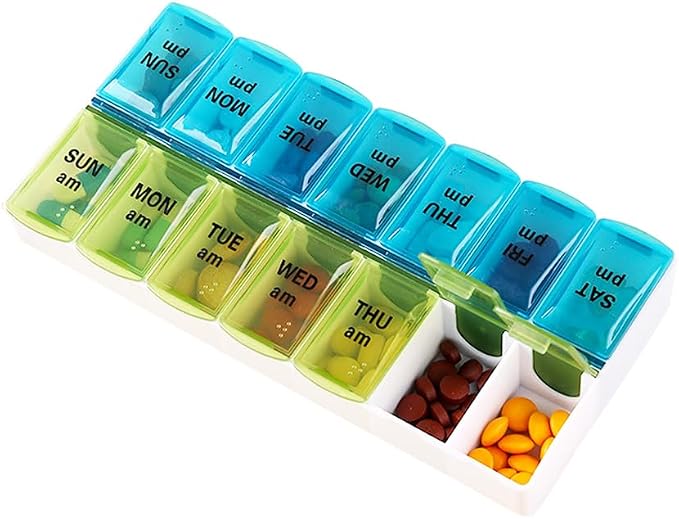 Weekly Pill Organizer Dispenser Case, 2 Times a Day, One-Side Open | 7 Day Medicine Planner Box for Easy Filling, AM PM Pill Case for Vitamins, Medication, Supplements, Fish Oils, Blue + Green