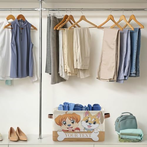 Customized Pet's Name Storage Basket Dog Storage Bins with Leather Handles for Home Bedroom, Foldable Decorative Organizers Box, 2PCs