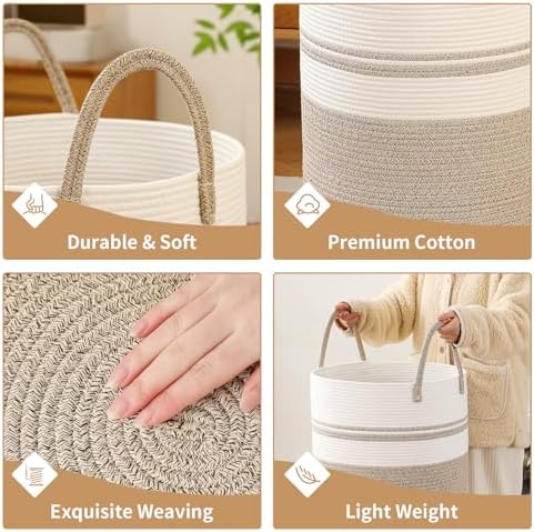 Laundry Basket Hamper Tall Rope Storage Woven for Blanket toys Dirty Clothes in Living Room Bathroom Bedroom (Brown&White, 80L/21.3Gal)