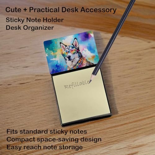 Caroline's Treasures Siberian Husky Hippie Dawg Sticky Note Holder Refillable Dispenser Self-Sticky Note Pads, Memo Pads Blank Desk Accessories