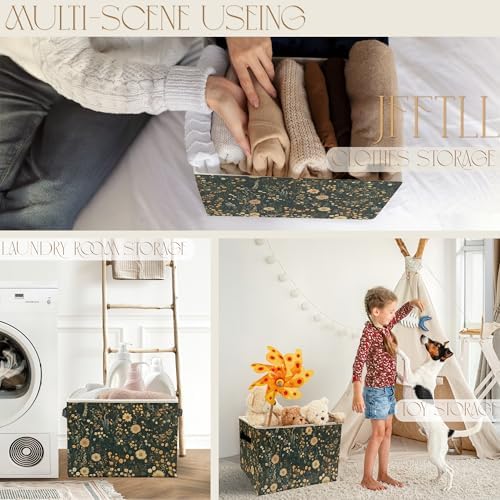 Vintage Boho Wildflower Storage Bins with Handles, Dark Cottagecore Floral Botanical Collapsible Laundry Basket Storage Box for Home Bedroom Bathroom Clothes Toys Books