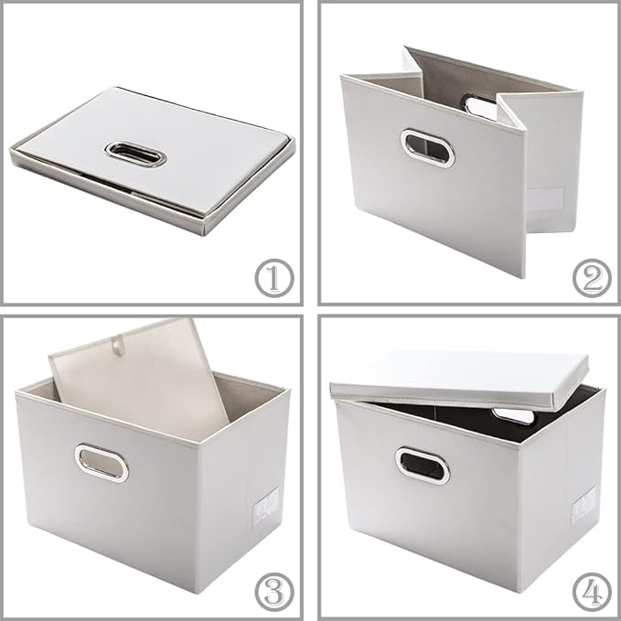 Large Stackable Storage Bins with Lids [3-Pack] Leather Fabric Foldable Storage Boxes Organizer Containers Baskets Cube with Cover for Bedroom Closet Office Nursery White (17.7x11.8x11.8)