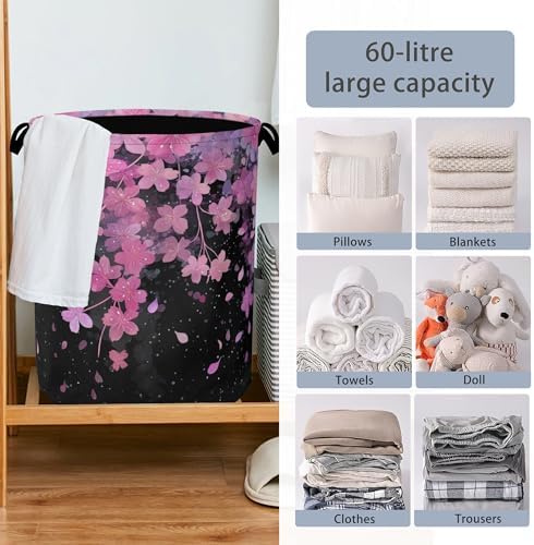 Cherry Blossoms Laundry Basket,Foldable with Handles Tote Bag Oxford Cloth for Bathroom Bedroom Dirty Clothes Storage Bucket 16" x 20.8"