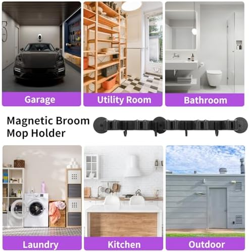 Magnetic Broom Holder Wall Mount - Heavy Duty Non-Slip Mop Hanger with 4 Hooks And 5 Rack, No Drill Tool Organizer for Refrigerator,Garage,Laundry Room (Black, 5Racks 4Hooks)