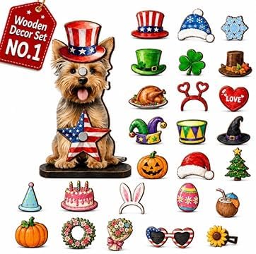 Interchangeable Seasonal Animal Wooden Decor Set | Magnetic Holiday Cat Dog Desk Sign Animals Figurines Tabletop Ornament to Dress up, Pet Magnetic Accessories with Hats(#F)