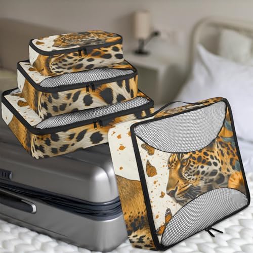 Leopard 4 Set Packing Cubes Luggage Organizer Bags for Travel Accessories and Essentials, Butterfly Leopard Print