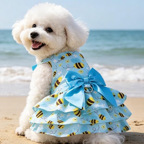 PUPTECK Summer Dog Dress with Bow and Leash Ring, Blue Yellow Bee M | Cute Adorable Breathable Mesh Dog Clothes for Small Medium Dogs Puppy Cats, Pet Outfit Apparel for Birthday Party