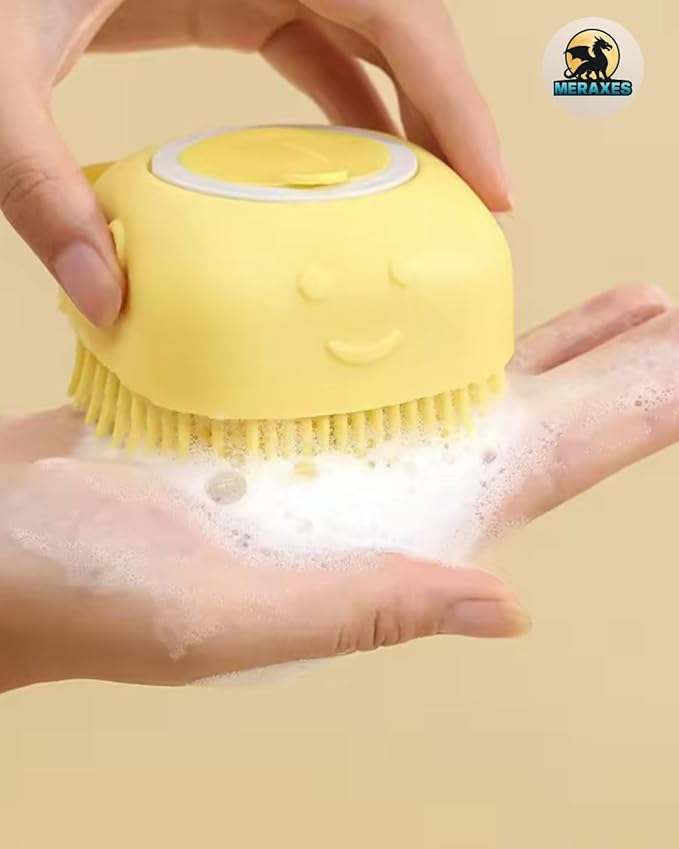MERAXES Pet Grooming Bath Brush with Soap Dispenser – Soft Silicone Massage Bristles for Dogs & Cats, Gentle Deshedding & Deep Cleaning for Long or Short Hair – Yellow
