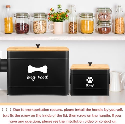Newtay 2Pcs Extra Large Metal Dog Food Containers Airtight 12 & 3.5 Lbs Dog Treat Snack Jars Set of 2 with Bamboo Lids and Spoons Farmhouse Big Pet Cookie Storage Jars for Kitchen Counter Gift(Black)