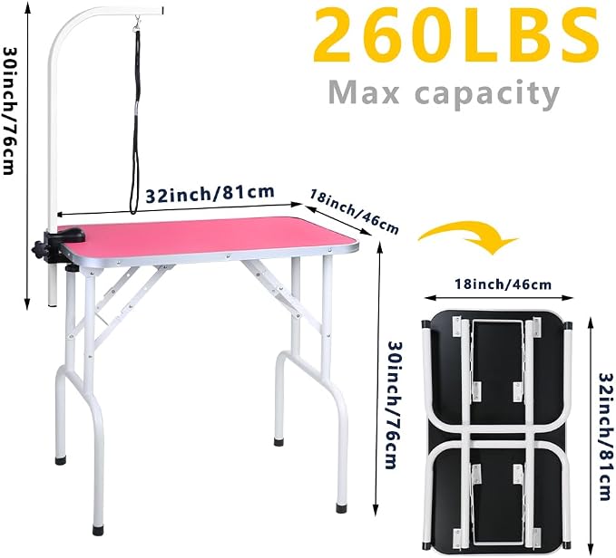 LEIBOU Pet Dog Grooming Table Foldable Grooming Table Heavy Duty Iron Frame with Arm & Noose for Dog Cat Pet Grooming (32'', Pink)