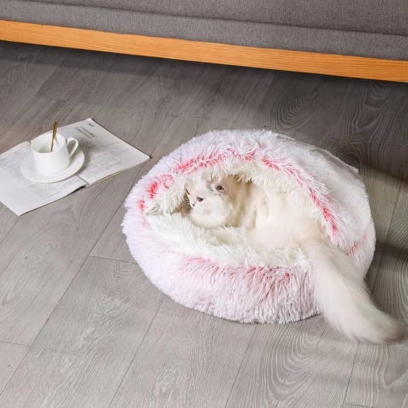 Round Fluffy Hooded Cat Bed Cave, Anti-Anxiety Cave Bed with Blanket | Hooded Cat Bed Cave, Cozy Cuddler Luxury Puppy Pet Bed, Anti-Slip Bottom and Machine Washable