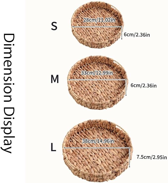 Wicker Storage Baskets Set of 3 Round 15'' x 15'' x 3'' | Hand-Woven Natural Water Hyacinth Storage Baskets Stackable Pantry Organizers and Storage for Shelves Bathroom Kitchen