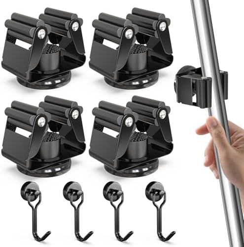 3-H 4 Pack Magnetic Broom Holder with 4 Pack Mini Magnetic Hooks,Black | Stainless Steel No Drill Mop Holder, Movable Magnet Tool Organizer for Garage Laundry Kitchen Garden RV