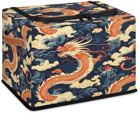 Japanese Dragon Animal Storage Bins with Zipper Lid Foldable Fabric Organizer Box with Handles Rectangular Closet Clothes Organizer Containers