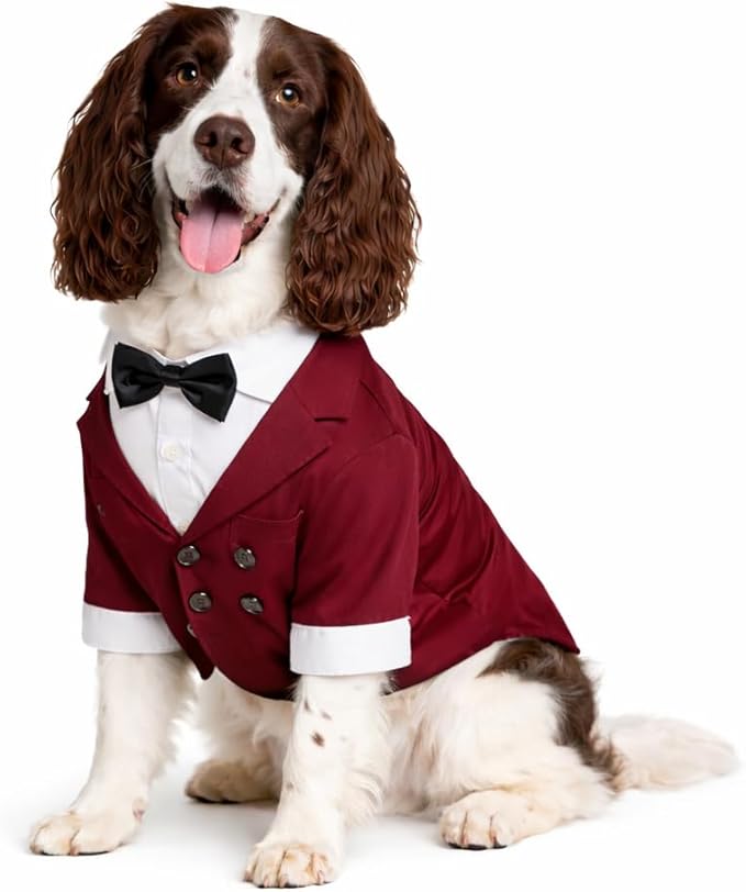 Lovelonglong Pet Costume Dog Suit Formal Tuxedo with Black Bow Tie for Large Medium Small Dogs Cat Wedding Clothes Reddish Brown L-M