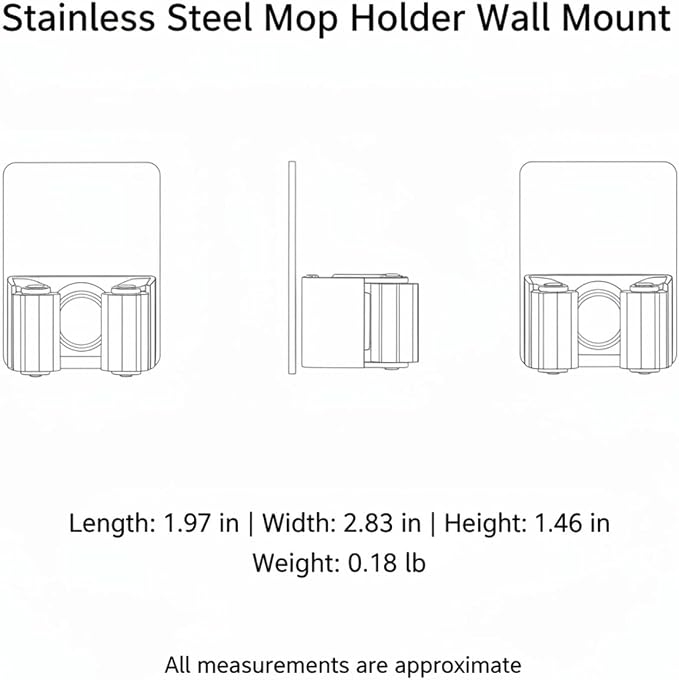Stainless Steel Mop and Broom Holder Wall Mount, No-Drill Adhesive or Screw-In Hook for Bathroom, Laundry, Garage Organization (1 Pack)