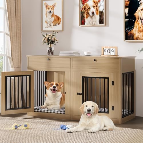 DWVO 60 Inch Double Dog Crate Furniture for 2 Dogs, Heavy Duty Wooden Dog Crate TV Stand with Removable Divider & Storage Drawers, Dogs Kennel Indoor Furniture Double Sliding Barn Door, Light Beige