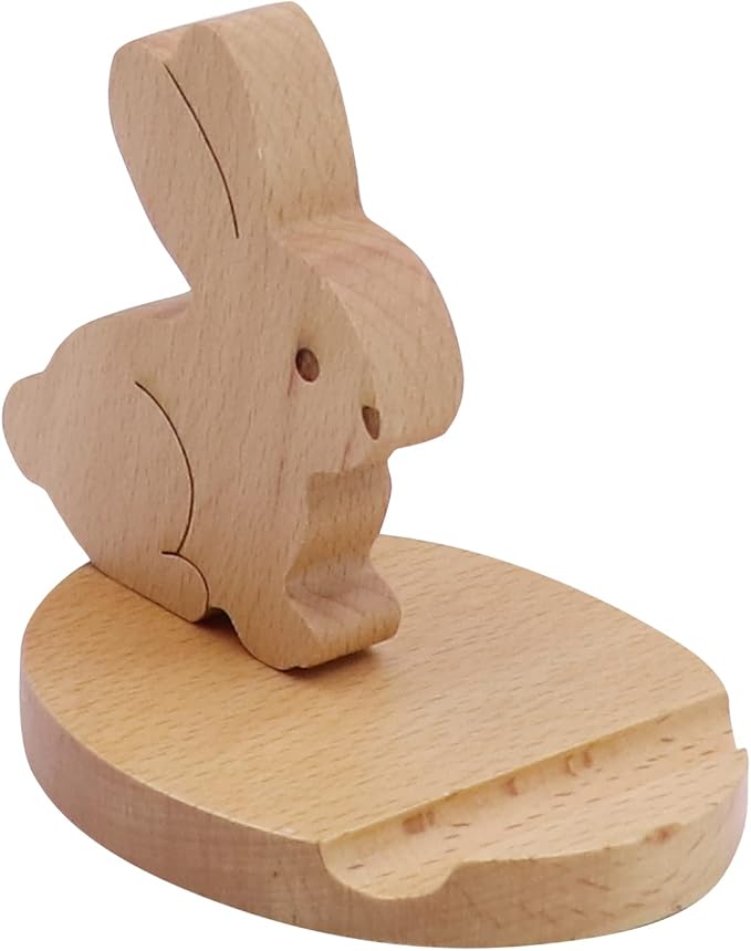 Cute Bunny Cellphone Stand Holder Wooden Smartphone Desk Holder for All Mobile Phones Animal Phone Stand Desk Ornament