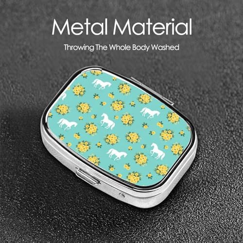 Portable Medicine Case Mini Pill Holder Vitamin Organizer Purse Pocket Essential Business Trip, Floral Horse Roses Print Mint Green