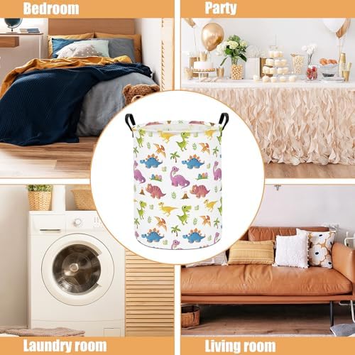 Round Laundry Basket Collapsible Storage Hamper Organizer Cute Dinosaur | Waterproof Canvas Foldable Baskets with sturdy Handles Multi-scene Organizer for Home Play Bedroom Gift Bin
