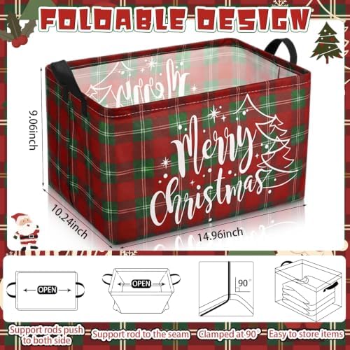Chunful 4 Pcs 4 Pack Christmas Storage Baskets for Gifts Collapsible Red and Green Tartan Plaid Christmas Let It Snow Laundry Storage Bins Foldable Box with Handles for Home Bedroom Office Containers