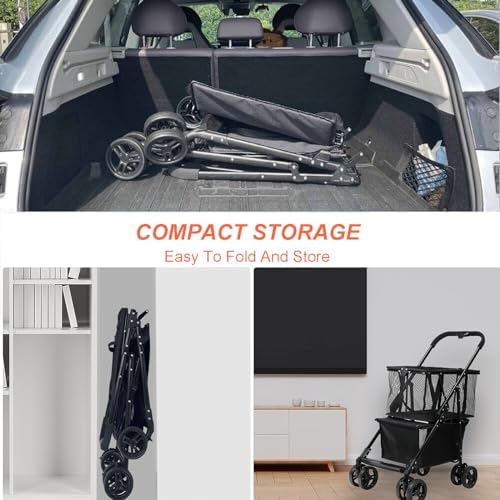 Folding Shopping Cart with Rolling Swivel Wheels Utility Trolley Cart, with Stylish Removable Tote Basket for Travel Shop Move Luggage Office (Black + Gold Frame)