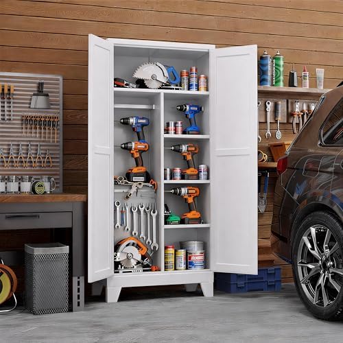 71" H Metal Garage Storage Cabinets,Broom Closet Storage Cabinet,Utility Cabinet,White Storage Cabinets