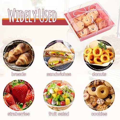 50 Pack Small Charcuterie Boxes with Clear Lids,5 inches Disposable Food Containers,Pink Dessert Boxes with Thank You Stickers,Bakery Box for Sandwich, Strawberries,Cookie,Cake Slice(Pink)