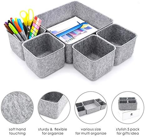 Welaxy Desk Organizers Storage bins Set Office Drawer Organizers Pen holder pencil cup phone stand sticky note storage Closet Cabinet boxes Organizing 5-piece Pack (Gray)