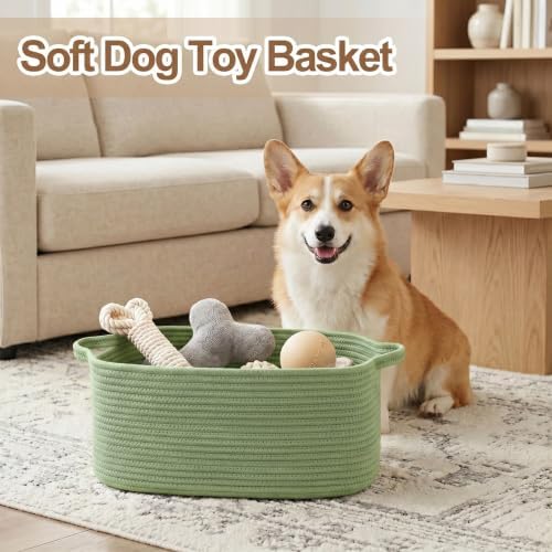 Large Green Woven Basket, 16.5" x 12.5" x 7" Empty Gift Basket, Big Cotton Rope Storage Bin for Gifts, Clothes, Towels, Books, Dog Toy Bin Box, Baby Nursery Organizer, Sage Green Room Decor