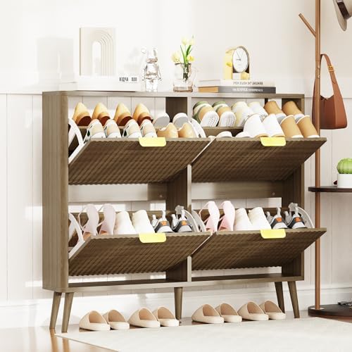 KIGOTY Narrow Shoe Storage Cabinet, Shoe Cabinet with 4 Flip Drawers, Freestanding Shoe Organizer with Legs for Entryway, Slim Shoe Rack Cabinet for Enterway (Light Brown, 4 Flip Drawer)