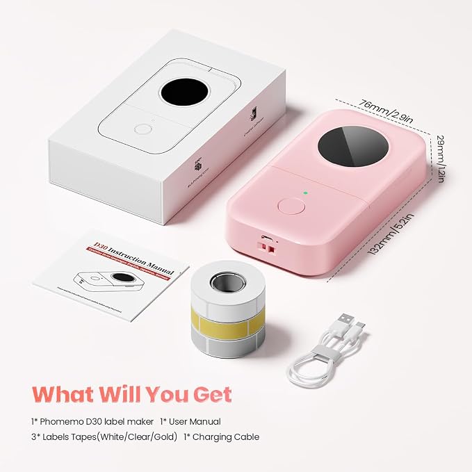 Phomemo D30 Portable Thermal Printer, Bluetooth Mini Label Maker Machine | Lightweight Small Label Maker Printer, Versatile Abundant Templates Fonts & Icons for Kids Home School Office, Easy to Use