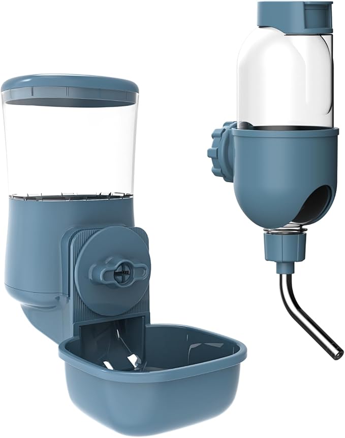 Automatic Pet Food Water Dispenser, Auto Gravity Pet Feeder Water Bottle Set for Crate Cage for Puppy Cat Rabbit Guinea Pigs Chinchilla Ferret Hedgehog (Blue)