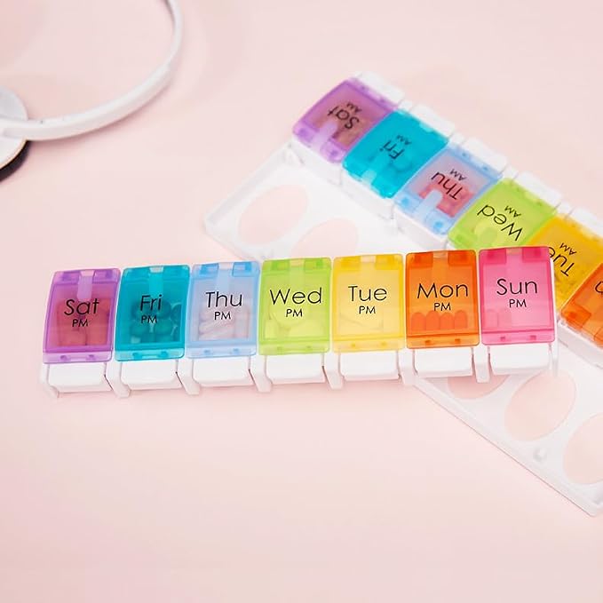 Push Button 7-Day Pill Case, Daily Travel Vitamin Medicine Planner | Twice a Day AM PM 14 Compartments Pill Box Organizer Reminder for Fish Oil, Supplement, Arthritis Friendly, Colorful Lids