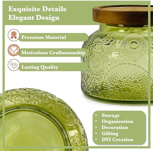 Decorative Green Embossed Glass Jar with Airtight Wooden Lid, 25.4 fl. oz | Wide mouth vintage storage canister, kitchen pantry bathroom organization, coffee sugar tea cookie candy candle vase gift