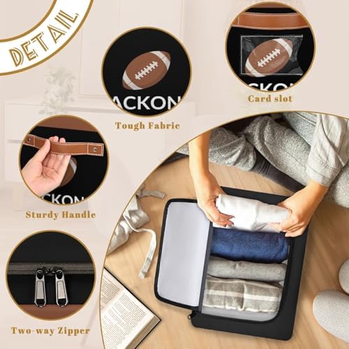 Custom Storage Basket with Zipper Lid, Football American Ball Foldable Fabric Storage Boxes Decorative Closet Shelves Clothes Organizer Container Cubes with Handle 1PCS