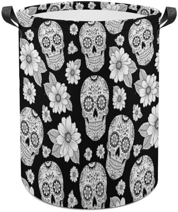 Waterproof Foldable Basket with Handles Floral Sugar Skulls Black, Large Capacity Laundry Hamper for Clothes, Toys, and Home Organization